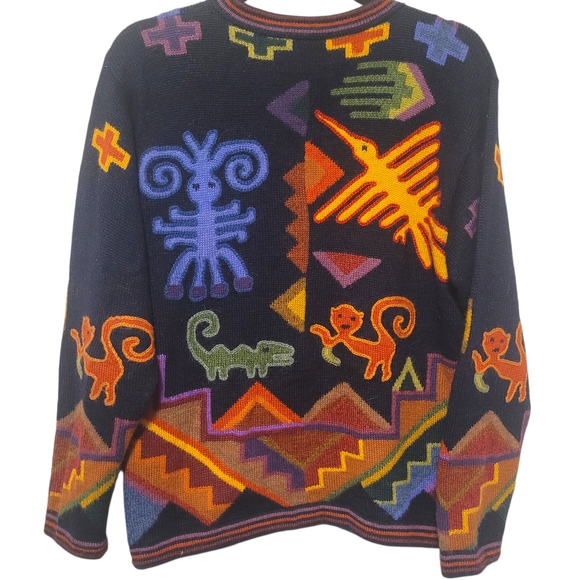 Vintage Southwestern Folk Art Knit Cardigan Animal Motif Button Up Sweater - Picture 4 of 12